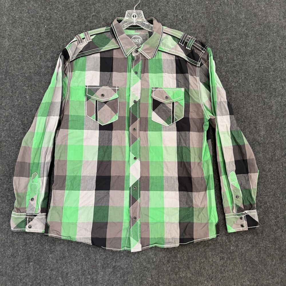 BKE Shirt Men's Large Green Gray Plaid Relaxed Fit Pearl Snap Western Pockets